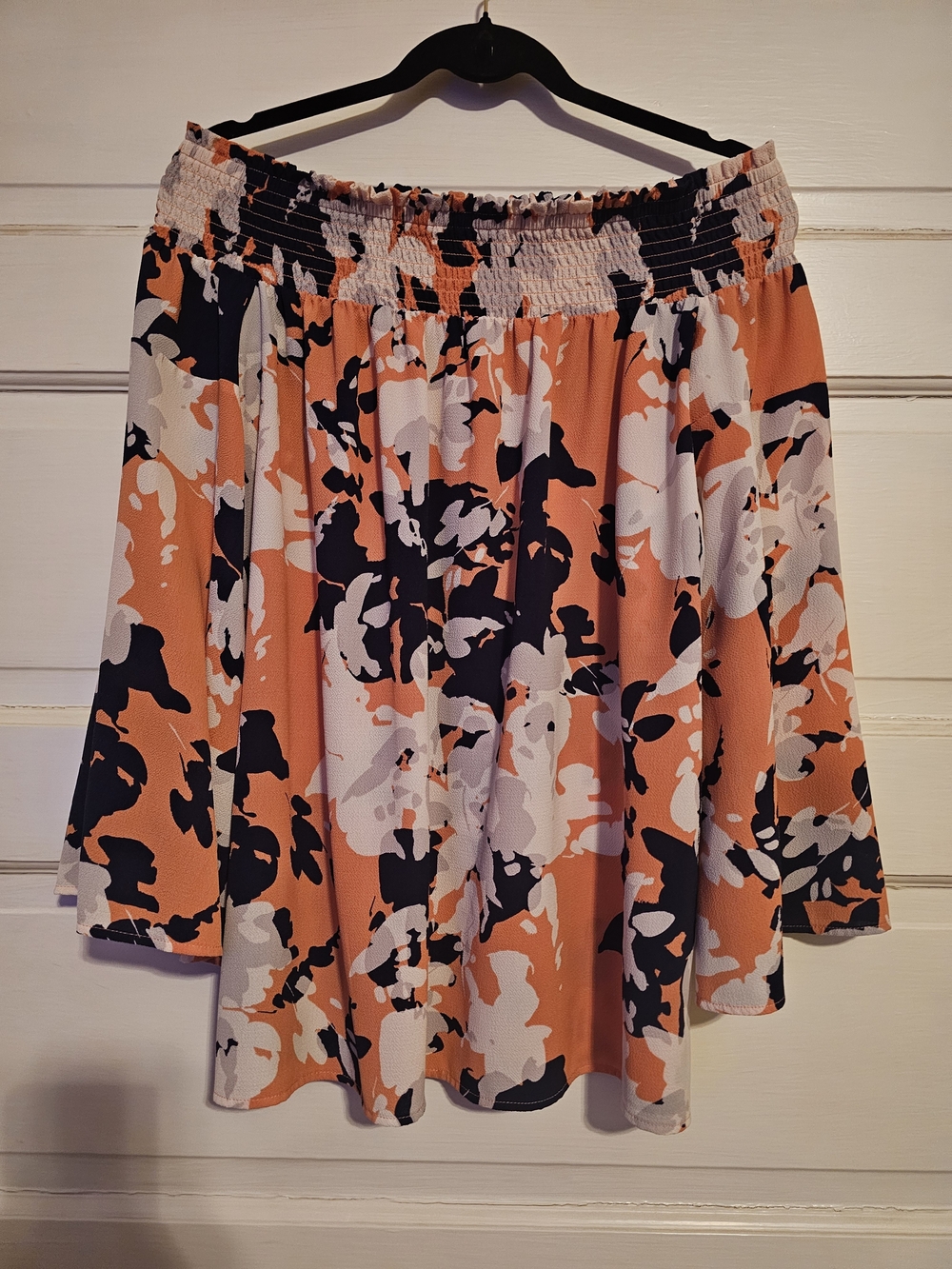 Halston Smocked Off-the-Shoulder Floral Bell Sleeve Blouse Top Orange - Med